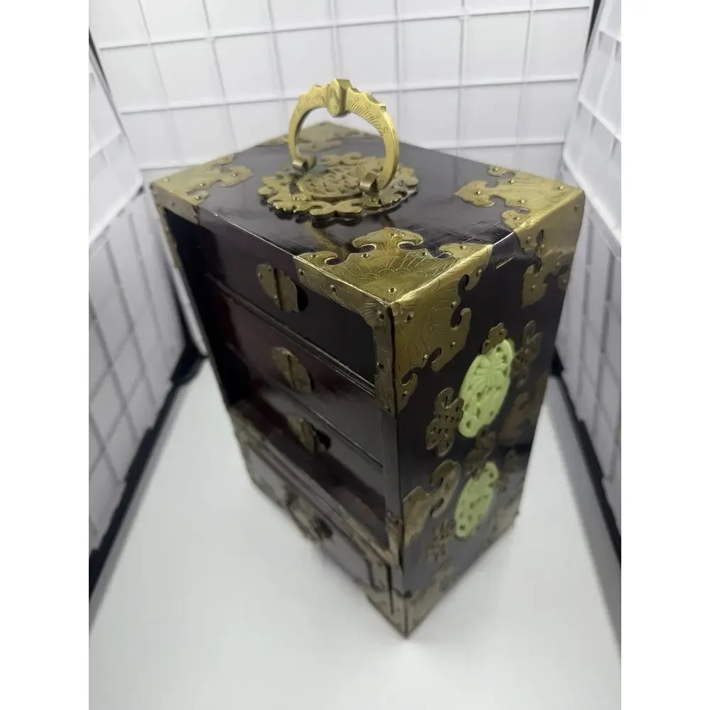 Stunning Antique Asian Jewelry Box w/ Ornate Brass, Chinese Carved Jade Inserts